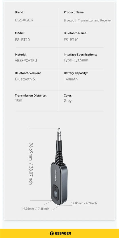 Essager Bluetooth 5.1 Audio Receiver & Transmitter – 3.5mm AUX Wireless Adapter with Mic for PC, TV, Car & Speakers