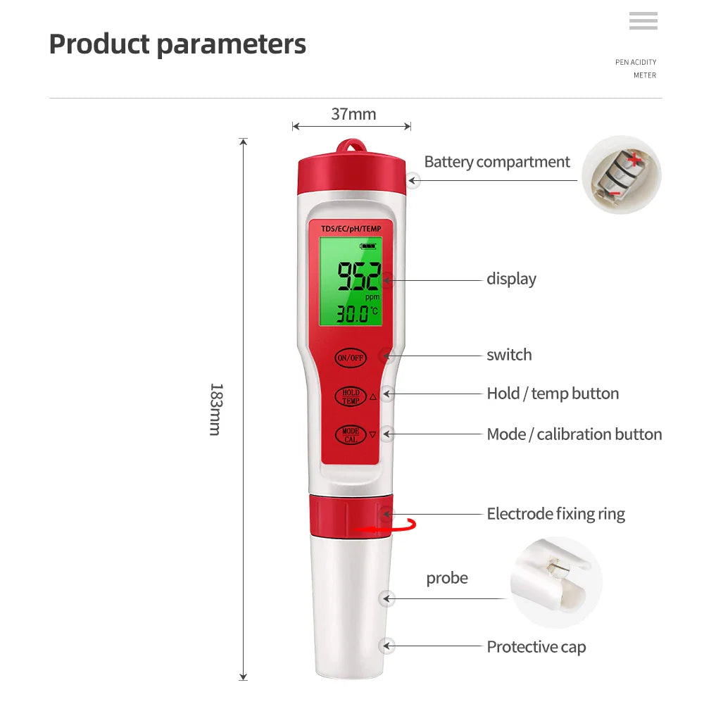 Waterproof PH Meter - PH/TDS/EC/Temp Digital Water Quality Monitor with Backlight for Pools, Drinking Water & Aquariums