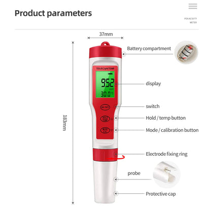 Waterproof PH Meter - PH/TDS/EC/Temp Digital Water Quality Monitor with Backlight for Pools, Drinking Water & Aquariums