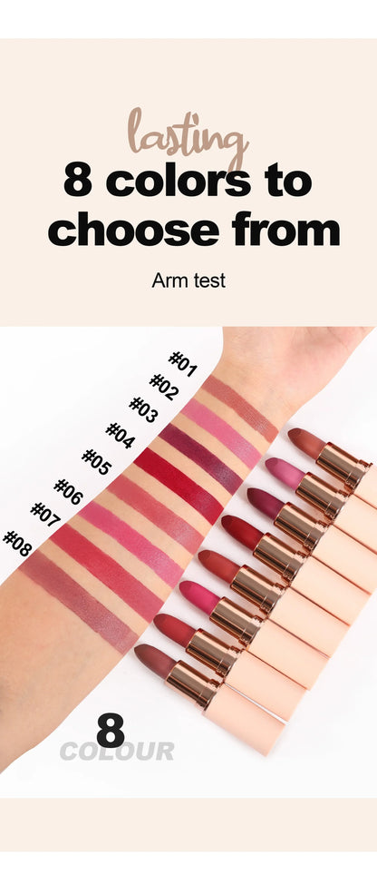 Deep Red Matte Lipstick – 8 Colors, Waterproof, Non-Stick Cup, Velvet Lip Balm, Dark Red Lipsticks for Easy Application