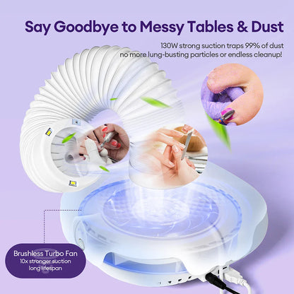 130W Brushless Nail Dust Collector – Double-Use Nail Art Vacuum with Tube Elbow for Manicure