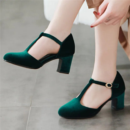 Women’s T-Strap High Heels – Velvet Mary Jane Pumps, Red & Green Party, Wedding, Office Shoes, Plus Size 45