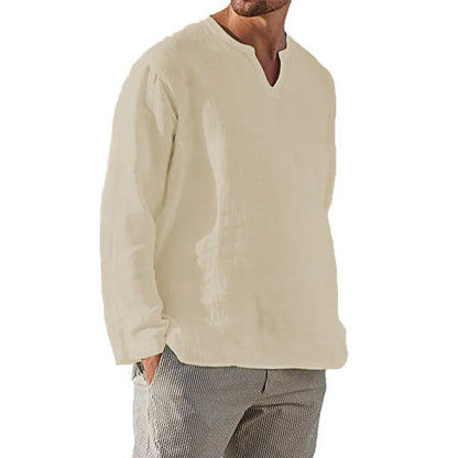 Men's Cotton Linen Shirt — Cozy Solid Color Long Sleeve V-Neck Casual Hawaiian Top, Lightweight & Breathable