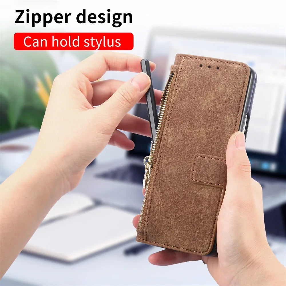 2-in-1 Detachable Leather Wallet Case for Samsung Galaxy Z Fold 6/5/4/3 – Zipper Card Slot Cover 5G Compatible
