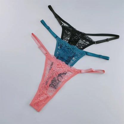 Women's Lace Thong Set - 3-Piece Low Waist Breathable Sheer G-String Lingerie