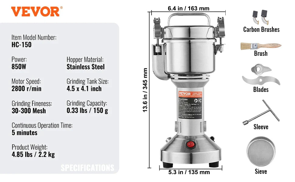 SucceBuy 150-2500g Electric Grain Mill Grinder – Commercial Spice & Herb Grinder for Coffee, Corn & Cereals
