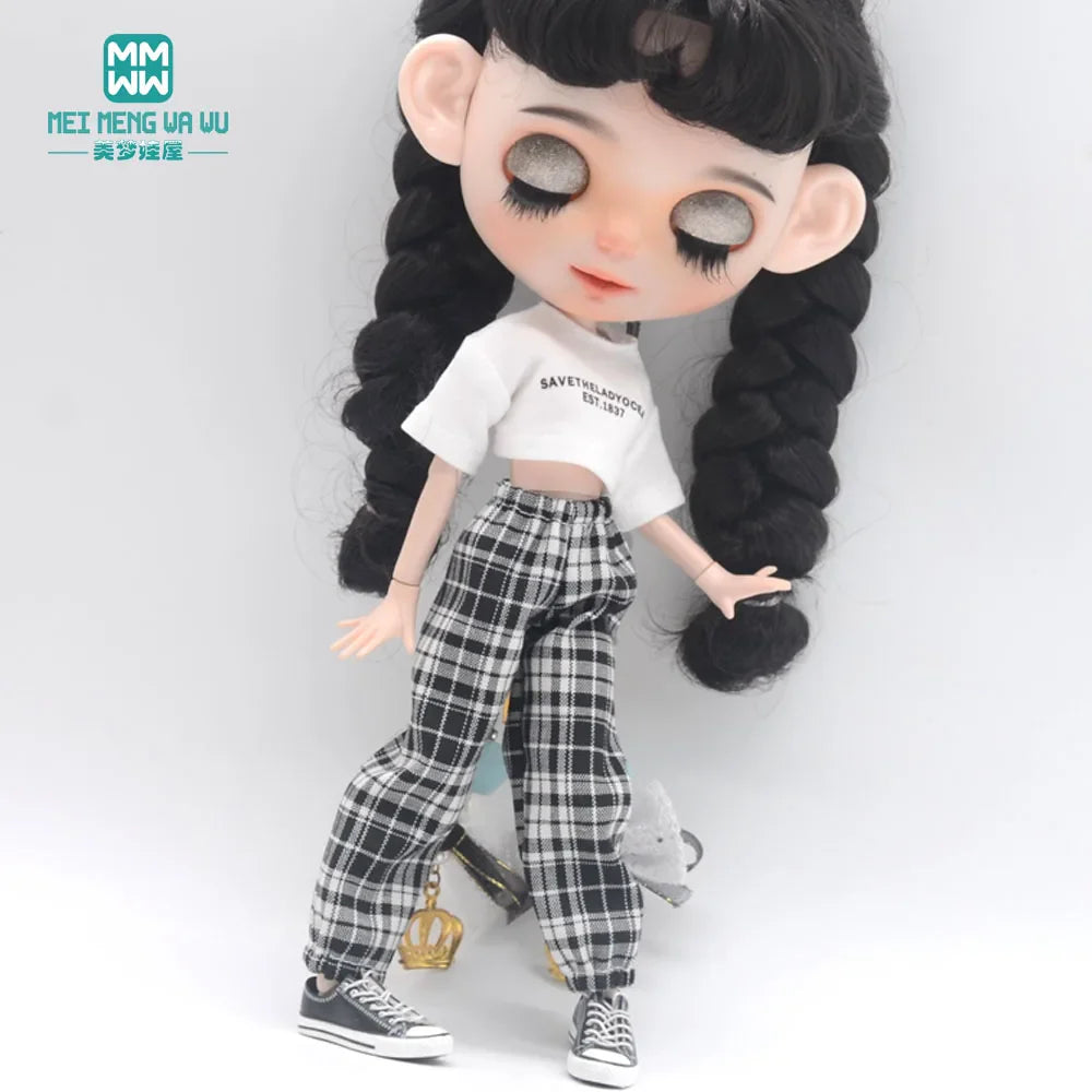 Blythe Doll Clothes – Fashion Tops, Black & White Shirts with Jeans & Plaid Pants for Azone OB22/OB24 Dolls