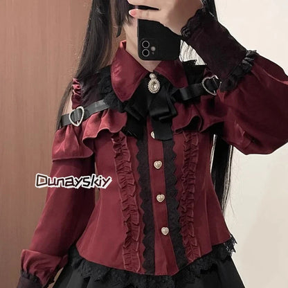 Jirai Kei Lolita Blouse Top — Y2K Sweet Japanese Style Long Shirt with Bow for Women, S-XL, 3 Colors