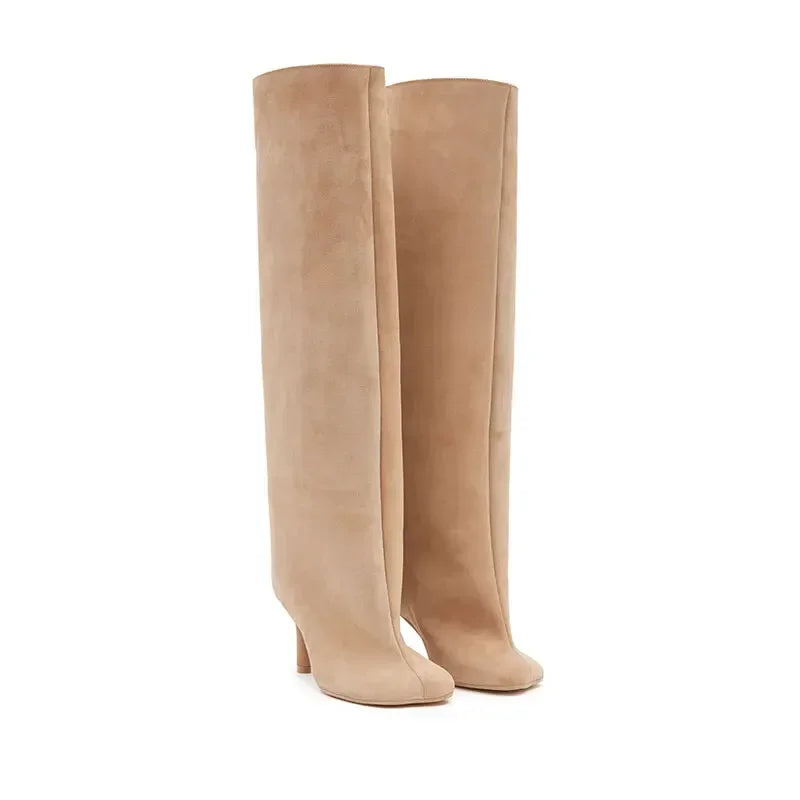 Women’s Suede Wide-Calf Knee-High Boots – Square Toe Stiletto Pull-On Riding Style Casual Chic Footwear