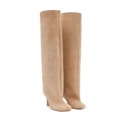 Women’s Suede Wide-Calf Knee-High Boots – Square Toe Stiletto Pull-On Riding Style Casual Chic Footwear