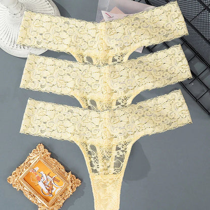 3PCS Lace Floral Women’s Panties - Low Waist Breathable Briefs & Thong, Sexy G-String Transparent Underwear (M-2XL)