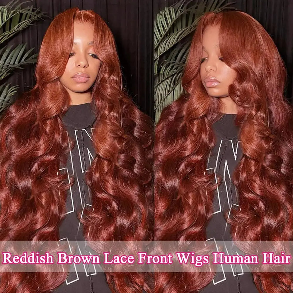 Reddish Brown 13x6 Lace Front Wig – Pre-Plucked 180% Density Body Wave, Auburn Colored Human Hair Lace Frontal Wig