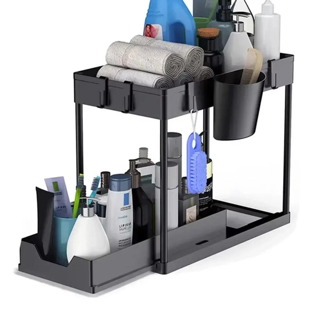 2-Tier Under Sink Sliding Cabinet Organizer — Basket Storage Rack with Hooks for Bathroom & Kitchen