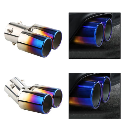 2.5" Chrome Tail Pipe Exhaust Trim, Stainless Steel Double Outlet Muffler for Car Styling - Curved Inlet Decoration