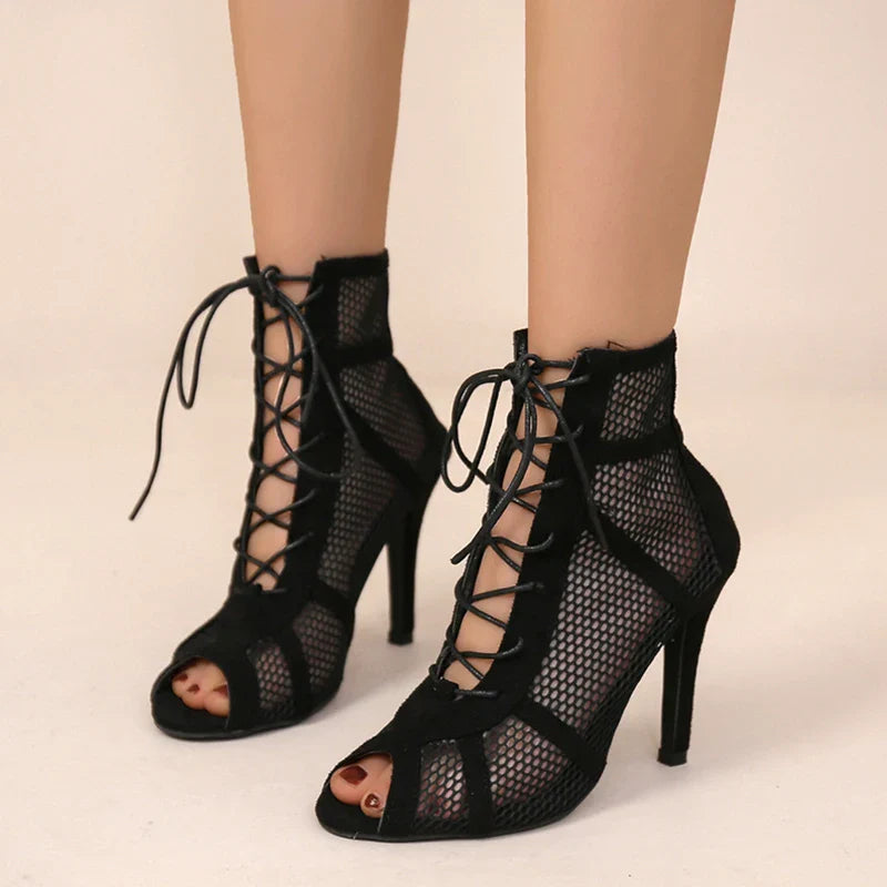 Sexy High Heel Mesh Sandals – Women's Summer Peep Toe, Cross-Tied Ankle Strap Dance Shoes, Black Hollow Design
