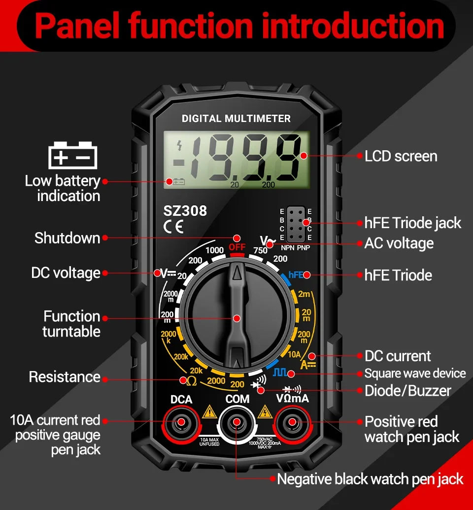 ANENG SZ308 1999-Count Multimeter — HFE Triode Tester, Square Wave Voltmeter & 10A Current Meter