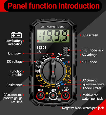 ANENG SZ308 1999-Count Multimeter — HFE Triode Tester, Square Wave Voltmeter & 10A Current Meter