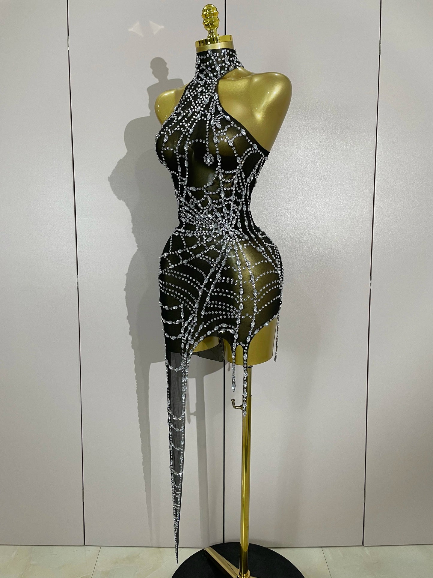 Sparkly Diamond Mesh Asymmetric Bodycon Mini Dress — Sexy Women Nightclub Party Gogo Dancer Stage Costume