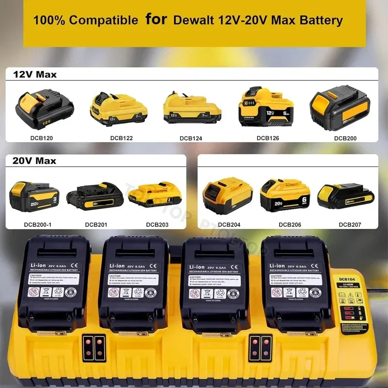DCB104 Rapid Charger for Dewalt 12V & 20V Max Batteries – 4-Port with 2 USB, Compatible with DCB204, DCB205, DCB127, DCB105