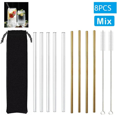 Eco-Friendly Reusable Glass & Metal Straws – 1/20PCS with Cleaning Brush for Smoothies, Milkshakes & Cocktails