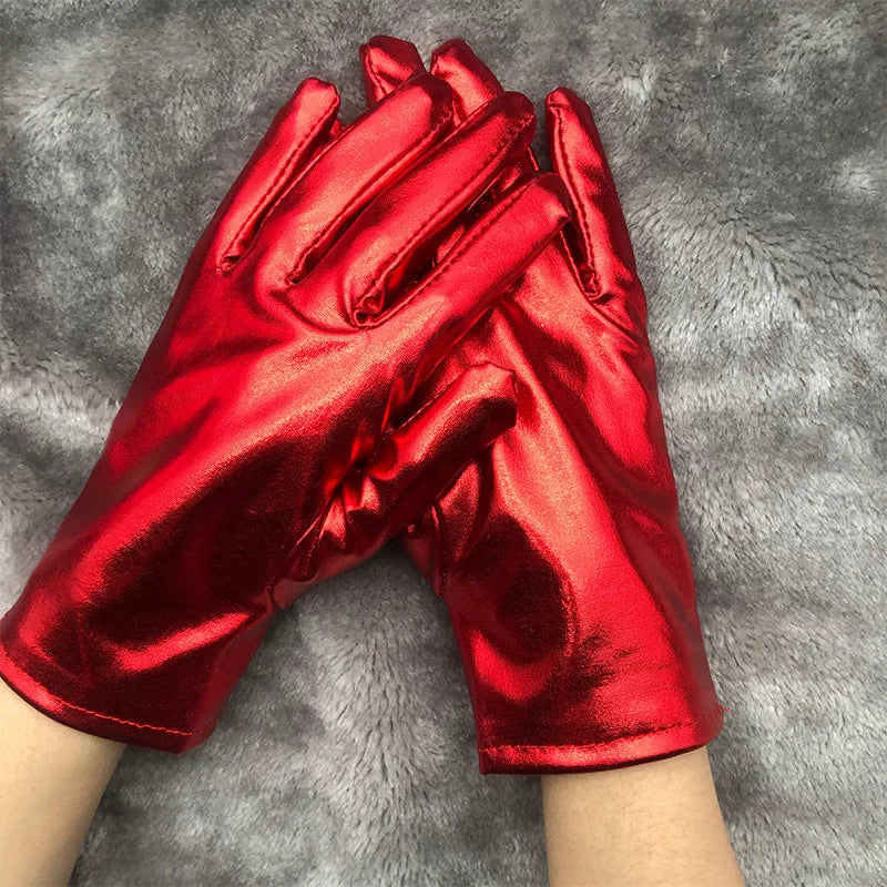 Gold Silver Metallic Faux Leather Short Gloves – Sexy Wet Look Party, Evening & Performance Mittens Handwear