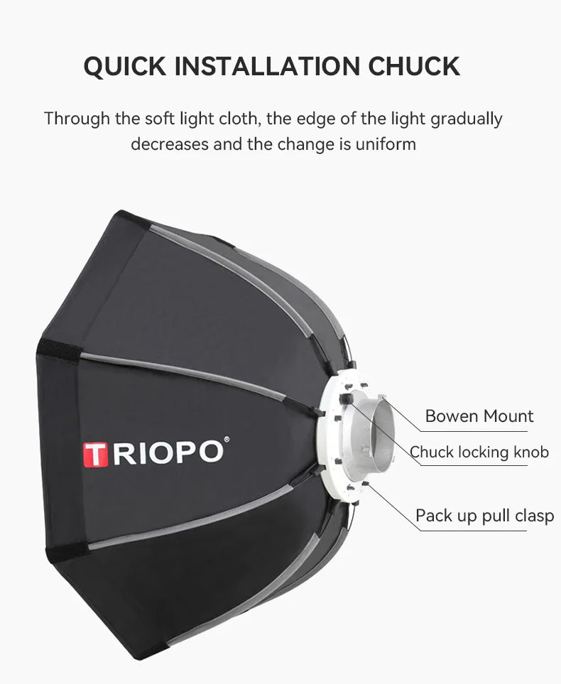 TRIOPO Foldable Octagon Softbox – 55cm, 65cm, 90cm, 120cm Bowens Mount for Sokani X100, COLBOR CL60, Godox & Aputure LED Video Lights