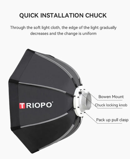 TRIOPO Foldable Octagon Softbox – 55cm, 65cm, 90cm, 120cm Bowens Mount for Sokani X100, COLBOR CL60, Godox & Aputure LED Video Lights
