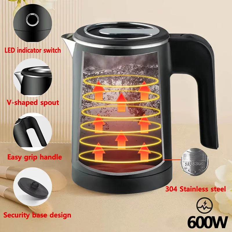 0.5L Small Stainless Steel Electric Kettle | Travel Mini Hot Water Boiler with Double Wall