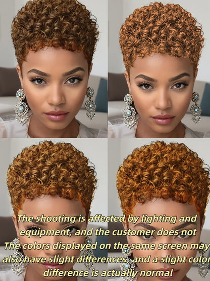 Short Afro Kinky Curly Human Hair Wig - Pixie Cut Full Machine-Made Wig for Women