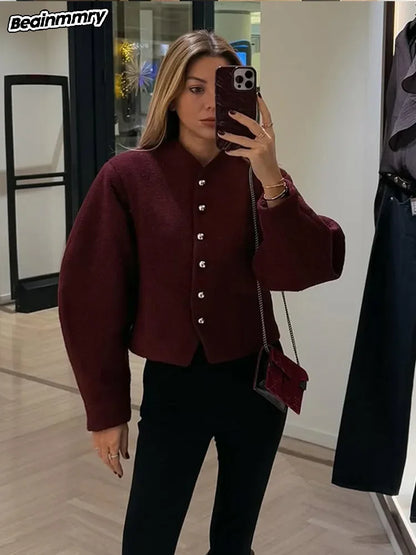 2025 Women's Elegant Long Sleeve Woolen Coat – V-Neck, Single-Breasted Slim Fit Solid Color Office Jacket