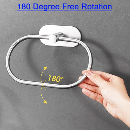 Stainless Steel Self-Adhesive Towel Holder – Black Bathroom & Kitchen Rack, Washhand Hanger Ring Bar