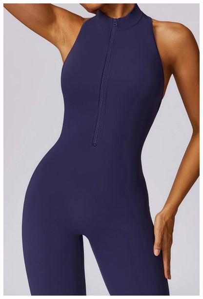 Women’s V-Back One-Piece Sports Jumpsuit — Sleeveless Yoga Romper with Zipper Workout Bodysuit