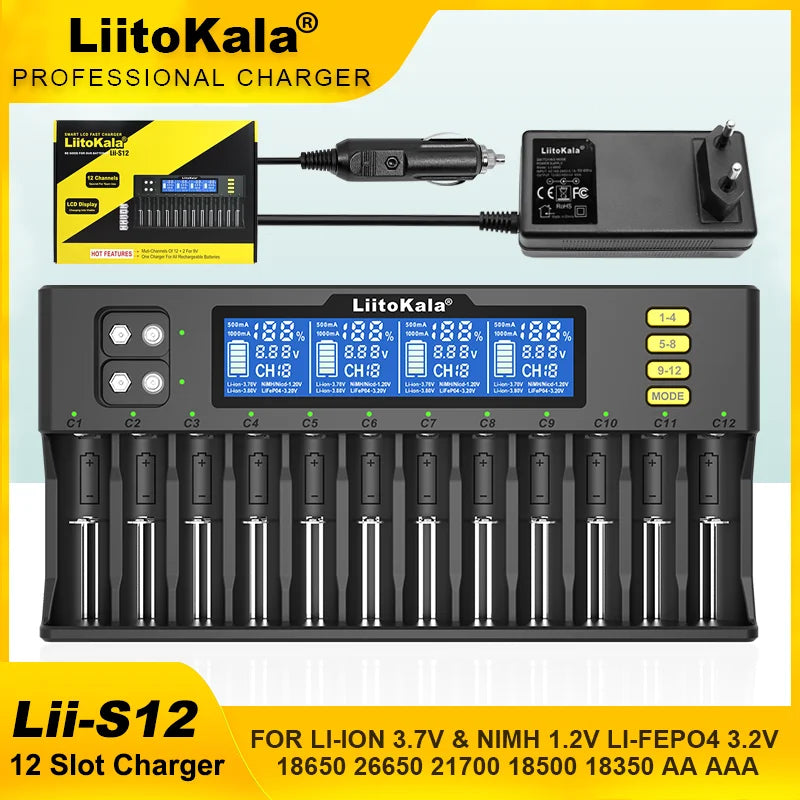 LiitoKala Lii-S12/Lii-S8 Battery Charger – LCD 18650, 21700, 26650, 26700, 20700, 18350, 9V IMR, NiMH/Cd, AA & AAA Rechargeable Batteries