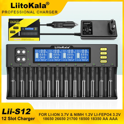 LiitoKala Lii-S12/Lii-S8 Battery Charger – LCD 18650, 21700, 26650, 26700, 20700, 18350, 9V IMR, NiMH/Cd, AA & AAA Rechargeable Batteries