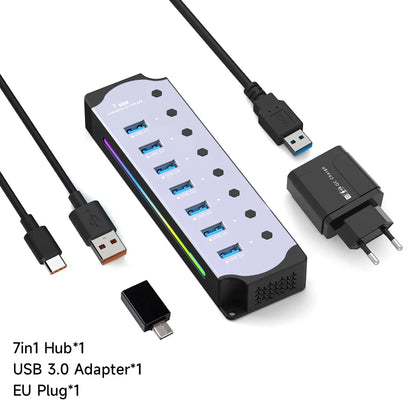 10-in-1 USB 3.0 Powered Hub — RGB E-Marker with Individual Switches & Heat Dissipation, DC 5V Adapter