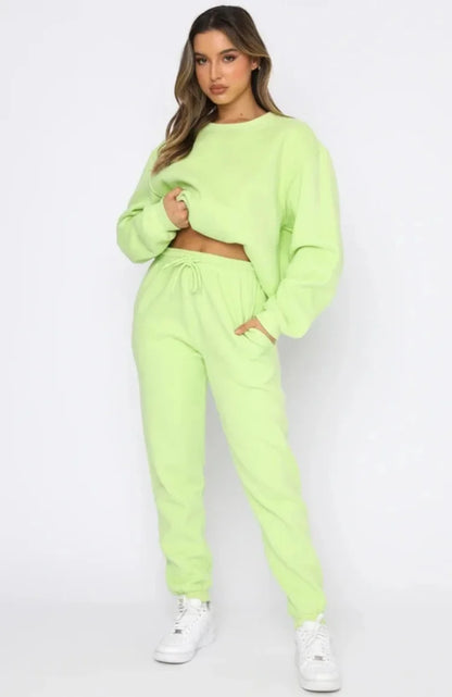 Women’s Casual Long Sleeve Sweatshirt & Pants Set – Solid Color Pullover Trousers, Round Neck Autumn Winter Outfit