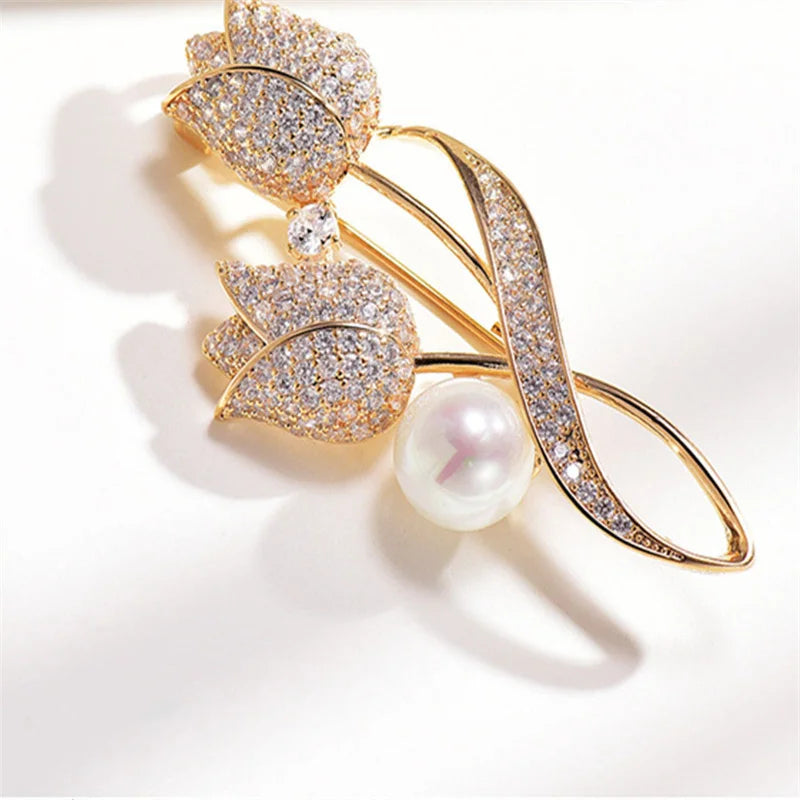 Luxury Tulip Flower Brooch Pin with White Stone – Elegant Rose Floral Jewelry for Women (2023 Design)