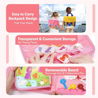 Toddler Montessori Busy Board – Dinosaur Dress-Up, Learning & Sensory Activities, Travel Toy & Life Skills Backpack
