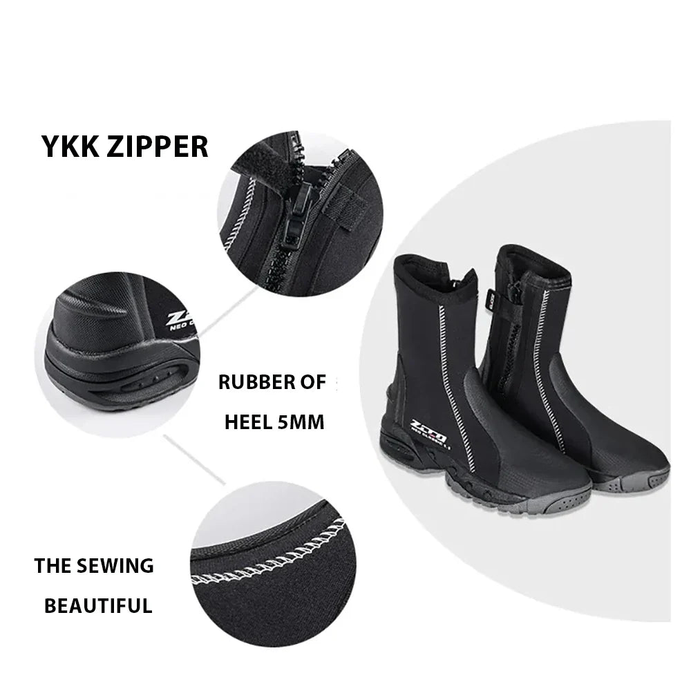 5mm Neoprene Dive Boots with Side Zipper — Unisex Snorkeling & Scuba Diving Shoes for Water Sports