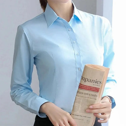 Women’s Solid Button Blouse — Long Sleeve Office Shirt, Elegant Work Top