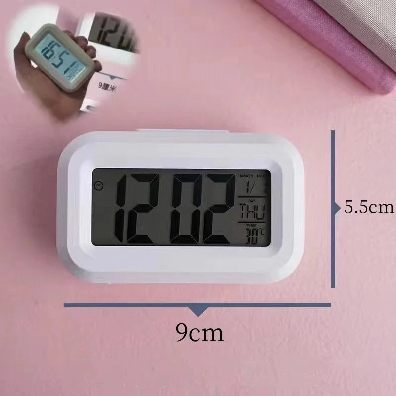 Smart Digital Alarm Clock – Black & White LCD with Temperature, Calendar, Timer & LED Light for Bedroom or Office (No Battery)