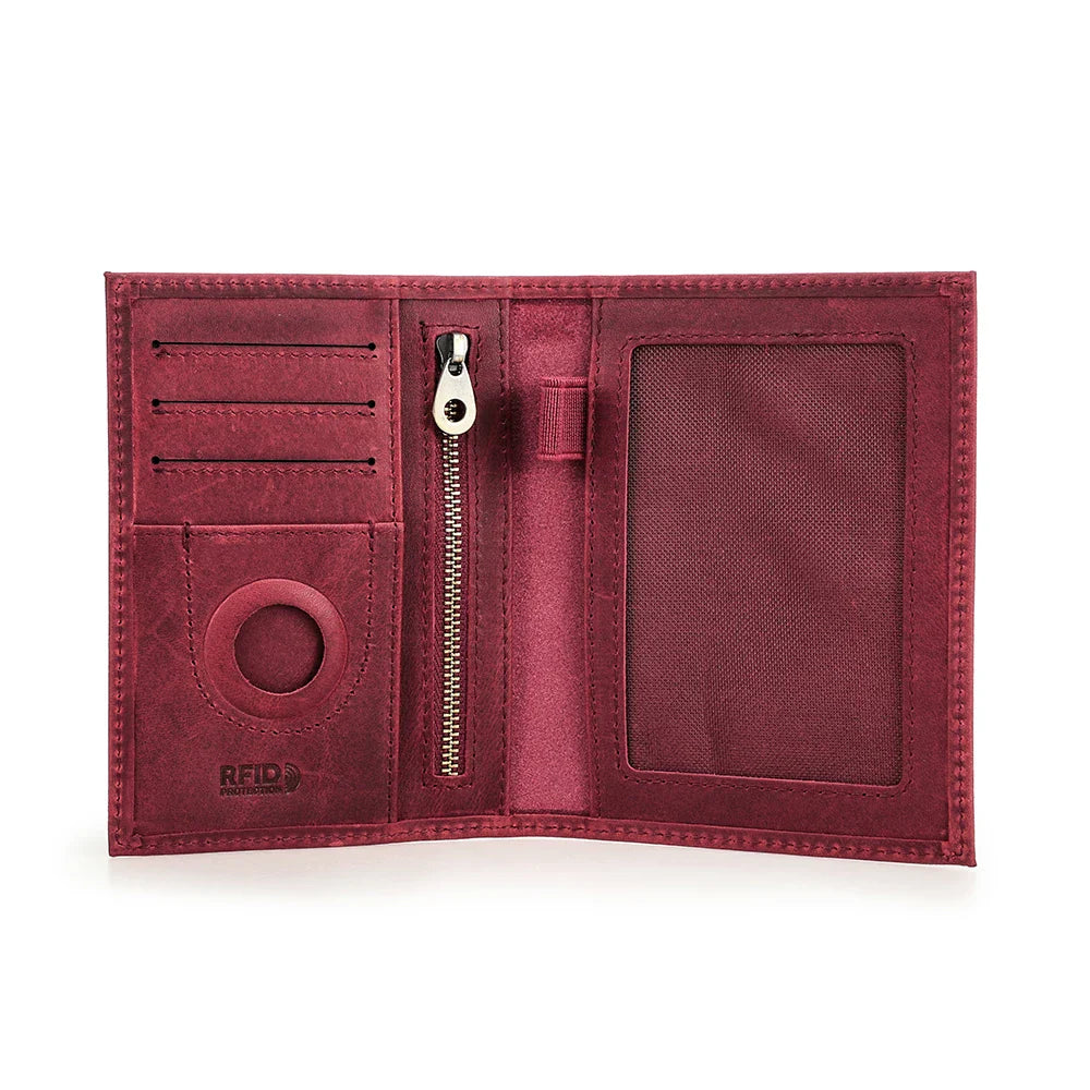 Genuine Cow Leather Passport Holder with AirTag Case – RFID Blocking Travel Wallet with Pen, Card Holder & Anti-Lost Pocket