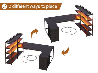 L-Shaped Gaming Desk – Reversible U Shaped Computer Desk with Power Outlet, Storage Shelves & LED Lighting