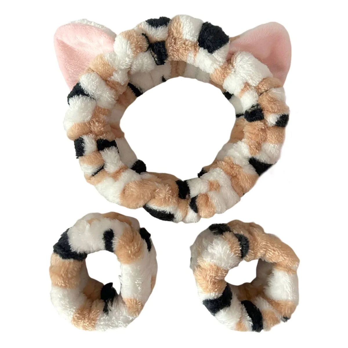 3PCS Cat Ear Plush Headband Set - Soft Face Washing Headband with Wrist Straps for Girls