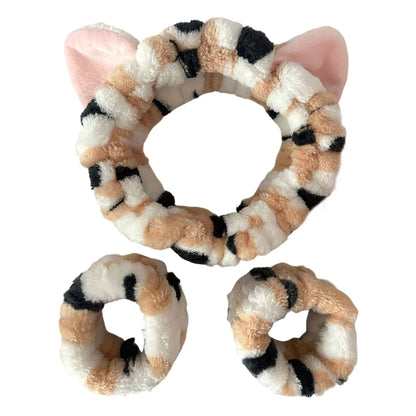 3PCS Cat Ear Plush Headband Set - Soft Face Washing Headband with Wrist Straps for Girls