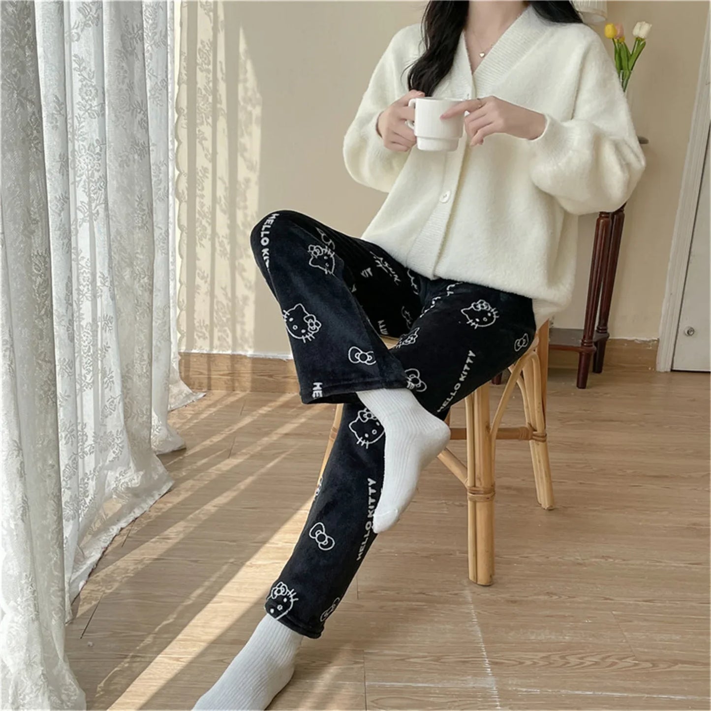 Kawaii Hello Kitty Flannel Pajama Pants – Warm Woolen Anime Trousers for Women, Cute Autumn Loungewear Gift