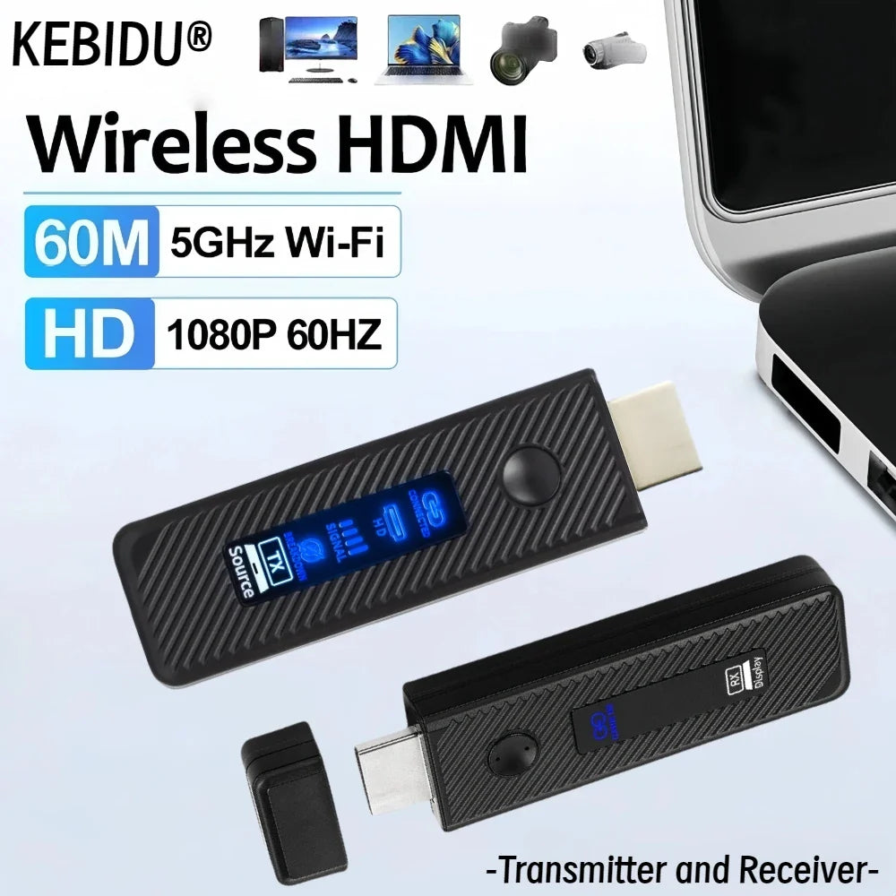 1080p 60m Wireless HDMI Video Transmitter & Receiver — Screen Share Extender Display Adapter Dongle for Home, Cinema, Office, PC to TV