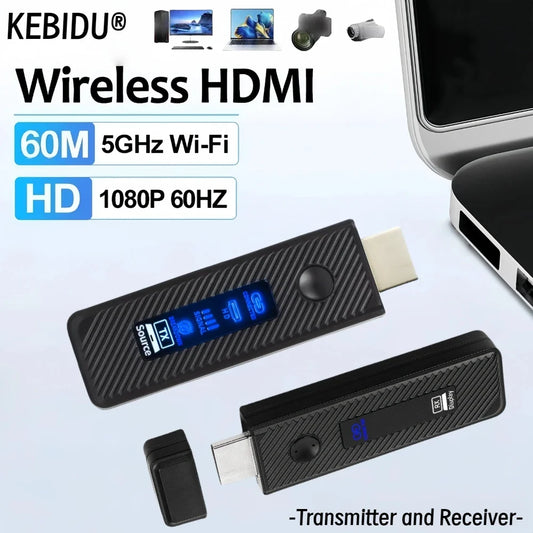 1080p 60m Wireless HDMI Video Transmitter & Receiver — Screen Share Extender Display Adapter Dongle for Home, Cinema, Office, PC to TV