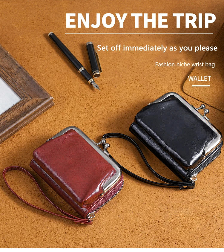 Women’s Fashion Minimalist Wrist Strap Wallet – Retro Short Zero Wallet with Large Capacity, Multi-Card Pockets & Money Clip