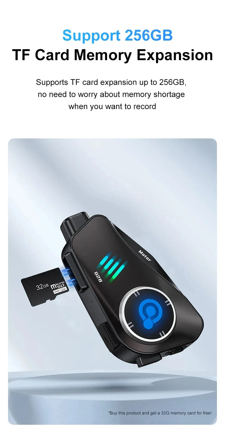 Motorcycle Bluetooth Helmet Headset BT5.3 - HD 1080P Driving Recorder, Wireless Camera & Call Headset with Hard Disk Video Recorder